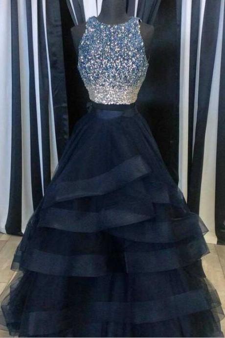 Pretty O-neck Two Pieces Tulle Prom Dresses,navy Blue Prom Dresses,beaded Dresses,sparkly Party Prom Dresses,formal Evening Dresses
