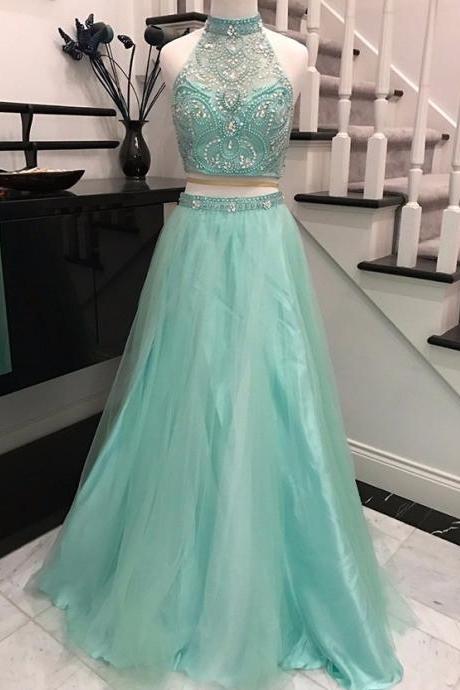 Mint Halter Two Pieces Long Tulle Prom Dresses For Teens,elegant Evening Dresses,modest Prom Gowns, Party Dresses,women Dresses