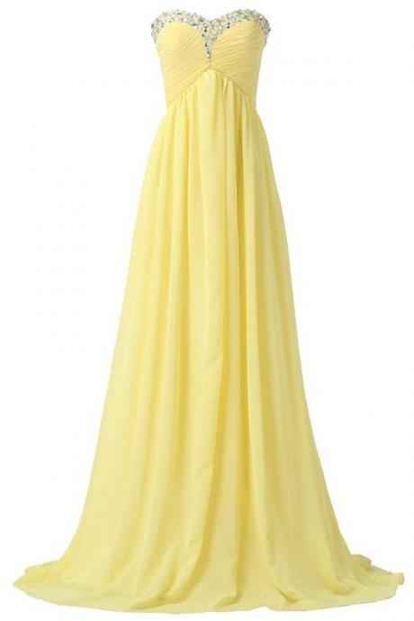 Bridesmaid Dresses,Sweetheart Long Yellow Chiffon Beaded Prom Dresses,Pregnant Dresses,High Low Prom Dress For Teens,Simple Cheap Party Dresses,Evening Dresses