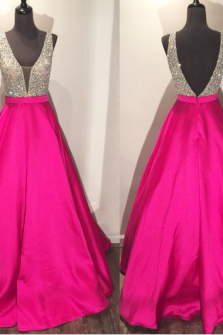 Pink Prom Dresses,satin Prom Dress,beaded Ptom Dress,v-neck Prom Dress,backless Prom Dresses,modest Prom Gowns,elegant Evening Dresses,handmade