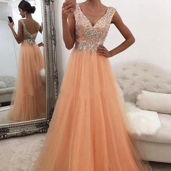 Orange Prom Dresses,V-neck Prom Dresses,A-line Beading Prom Dress,Prom Dresses For Teens,Long Prom Dresses,Party Dresses,Modeat Prom Dresses Evening Dresses DR0434