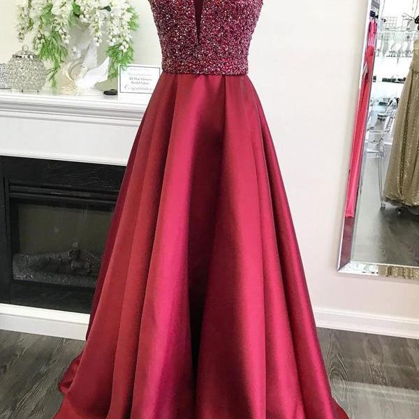 Modest Red Beading Satin Long Prom Dresses With Pockets,Beautiful Graduation Dresses DR0538