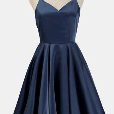 A Line Dark Blue Homecoming Dresses, Satin V Neck Short Prom Dresses, Sleeveless Backless Cocktail Dresses, Homecoming Dresses DC302