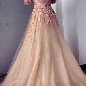 Appliques and Tulle Prom Dresses, Floor-Length Prom Dresses, Sexy Prom Dresses, Half Sleeve Prom Dresses, Charming Evening Dresses DR0123