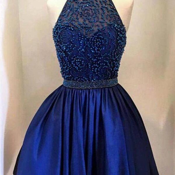 Royal Blue A-Line Halter Tiered Short Homecoming Dress with Ruffles