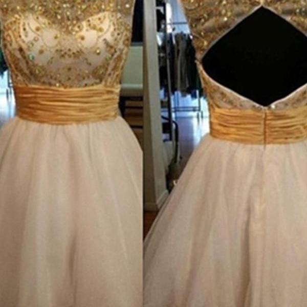 Gold Cap Sleeves Homecoming Dresses,A-line Open Back Homecoming Dress,[arty Dresses,Cute Dresses