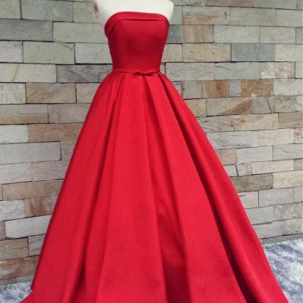 Red Satin Prom Dresses,Strapless Long Prom Gowns,Evening Gowns,Handmade Party Prom Dresses,Modest Prom Gowns,