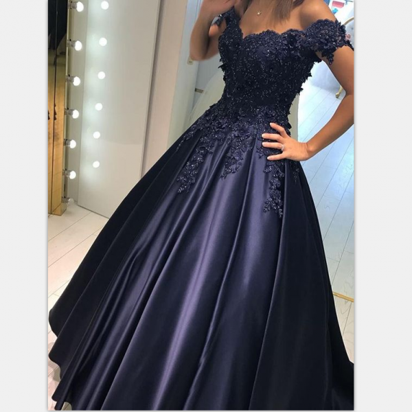 Navy Blue Prom Dresses,Ball Gowns Prom Dresses,Off Shoulder Prom Dress ...