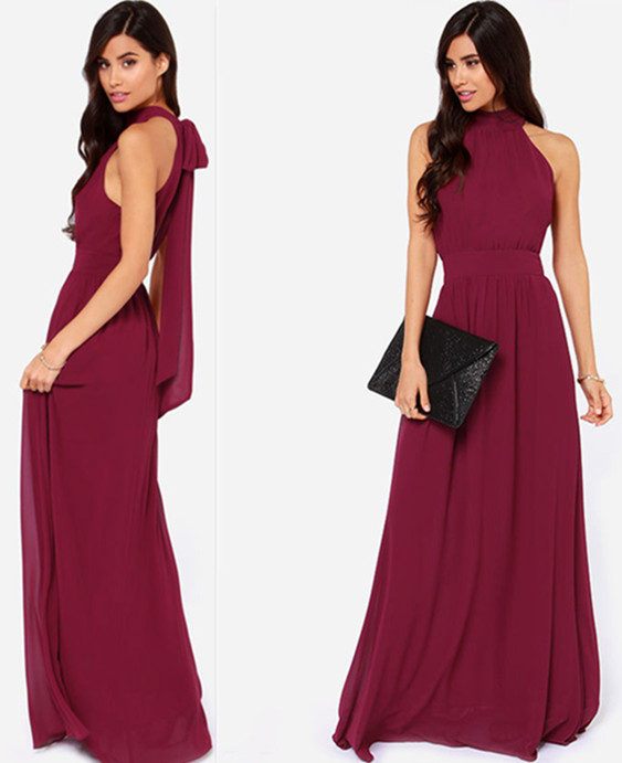 burgundy halter neck bridesmaid dress