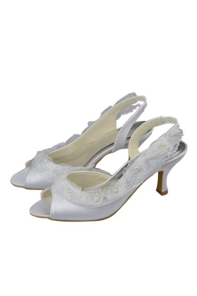 Elegant White Low Heel Lace Satin Handmade Cheap Women Shoes Wedding