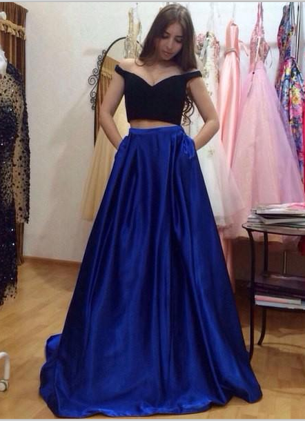 Sparkly A line Black Top And Royal Blue  Skirt  Long Prom  